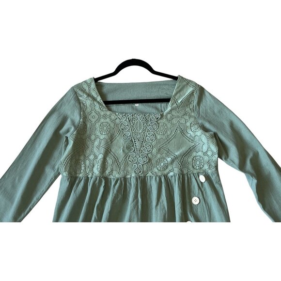 Womens Green Lace Button Detail Long Sleeve Top M Feminine Girly Boho - Picture 2 of 7